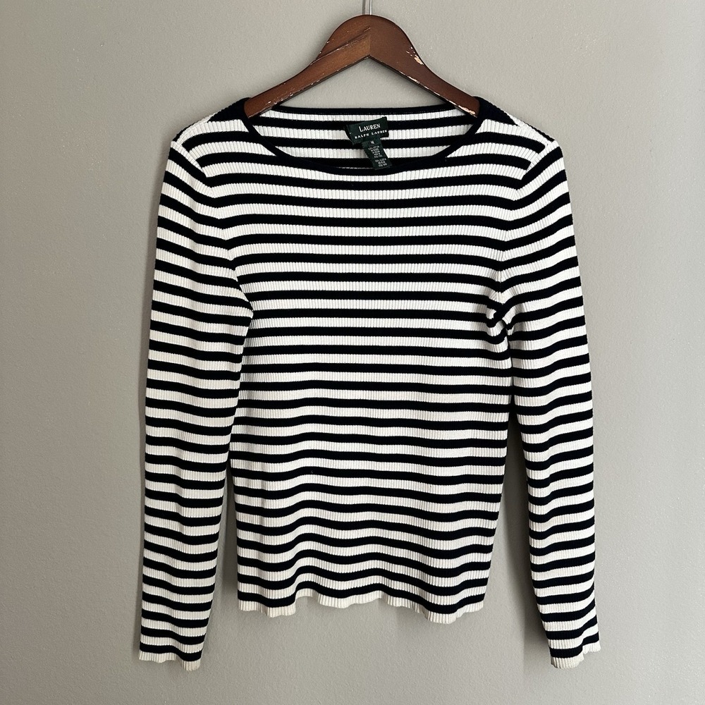 Ralph Lauren Vintage Navy Stripe Cotton Sweater Ribbed Knit Preppy Nautical Y2K